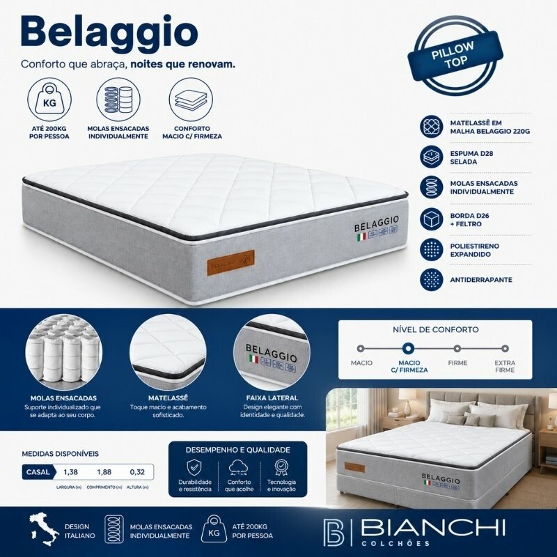 Colchão Casal Belaggio 138x188x32 Molas Ensacadas - Bianchi Colchões | Suporta até 400kg - Imagem 3