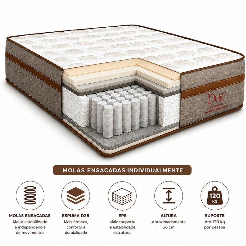 Colchão Casal Due Molas Ensacadas - Viero + Base Box Baú Casal Prime Confort Corino Palha Blindado - Issacar 138x188x71 | Suporta até 240kg - Imagem 16