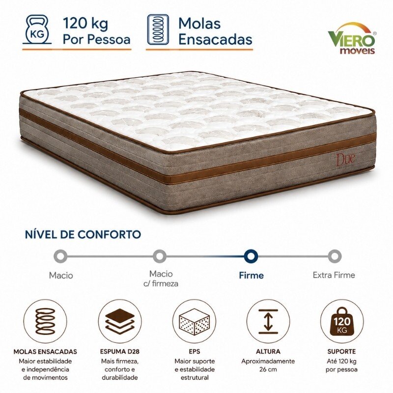 Colchão Casal Due Molas Ensacadas - Viero + Base Box Baú Casal Prime Confort Corino Palha Blindado - Issacar 138x188x71 | Suporta até 240kg - Imagem 17