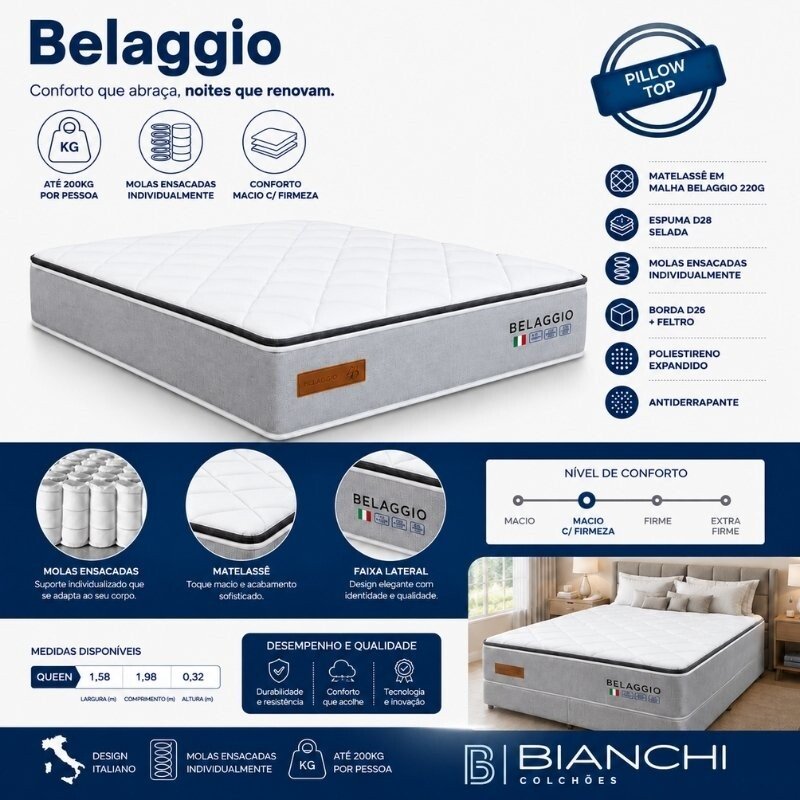 Colchão Queen Belaggio 158x198x32 Molas Ensacadas - Bianchi Colchões | Suporta até 400kg - Imagem 3