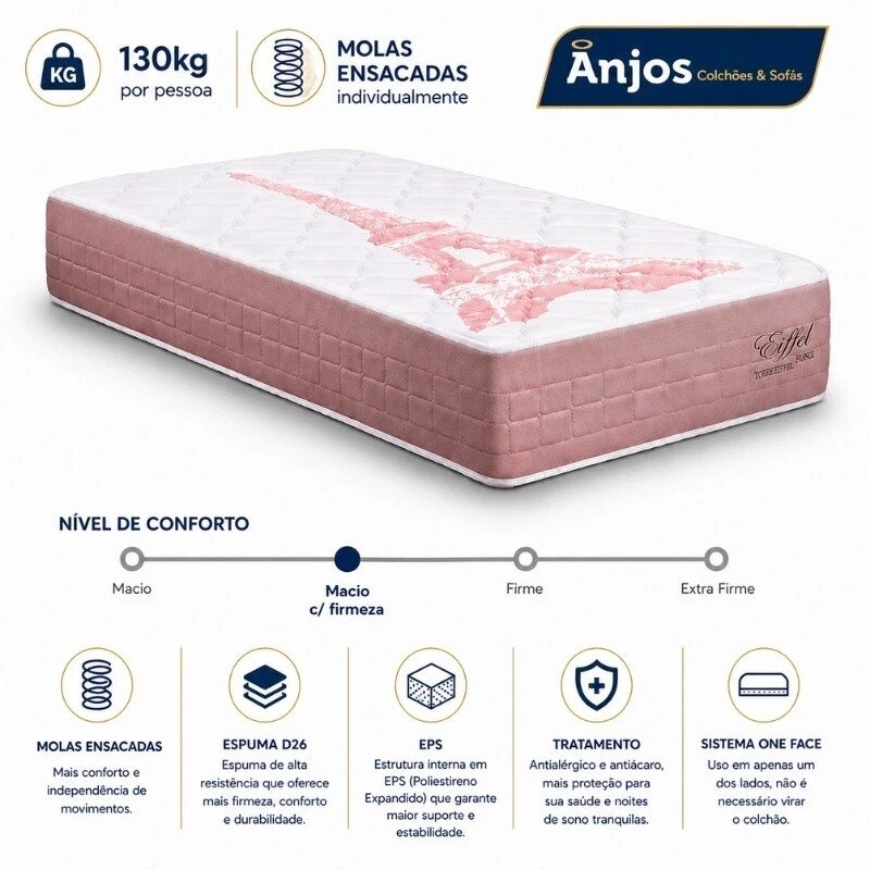 Colchão Solt. Eiffel Molas Ensacadas Rosa - Anjos + Box Solt. Korino Branca - 88x188x63 | Suporta até 130kg - Imagem 15