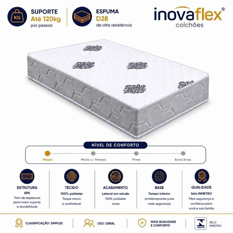 Colchão Solteiro Confort Premium Ortopédico D28 - Inovaflex + Box Solt. Korino Preto Ortobel - 88x188x55 | Suporta até 120kg - Imagem 9