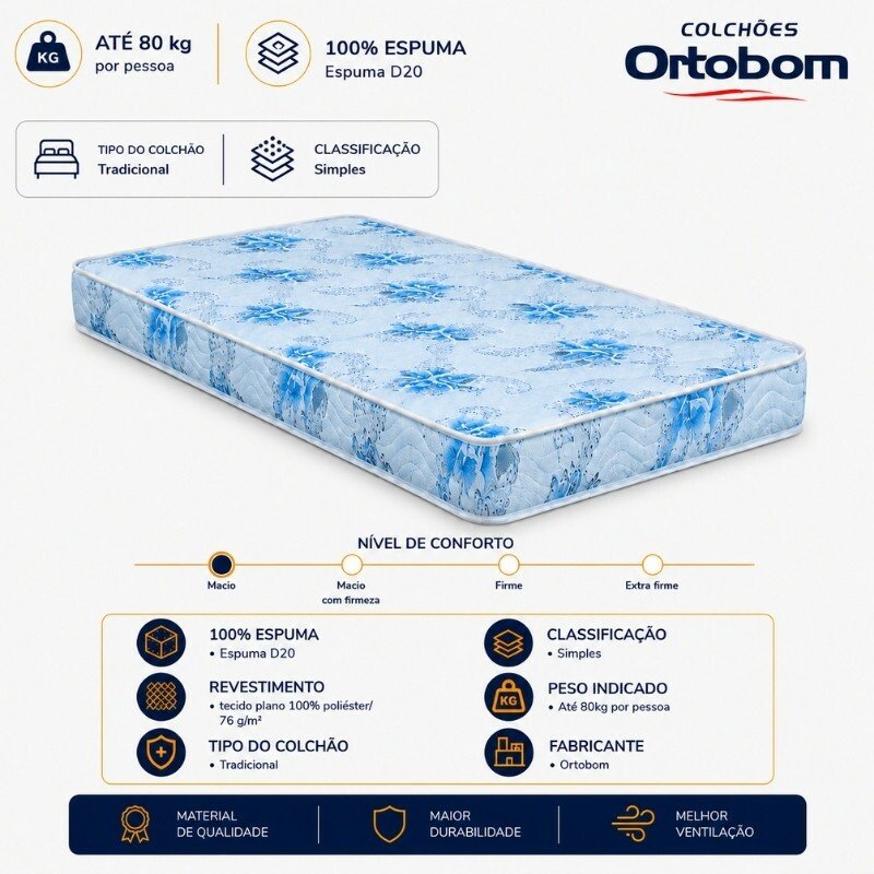 Colchão Solteiro Dream Soft 100% Espuma D-20 88×188x12 Ortobom | Suporta até 80kg - Imagem 3