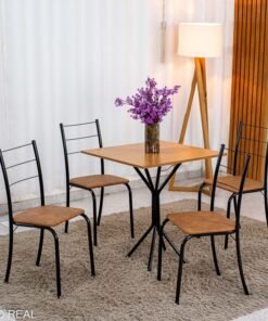 Conjunto Mesa Belize Quadrada 68x68 Naturale Base Órion Preto Fosco + 4 Cadeiras Belize Korino Marrom - Tubo Minas