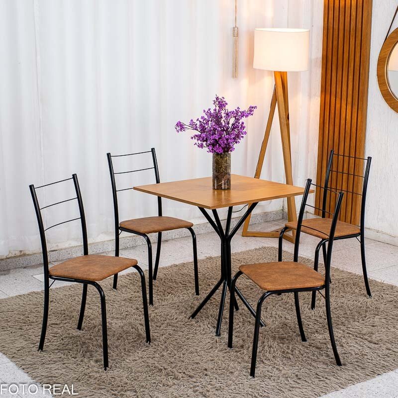 Conjunto Mesa Belize Quadrada 68x68 Naturale Base Órion Preto Fosco + 4 Cadeiras Belize Korino Marrom - Tubo Minas