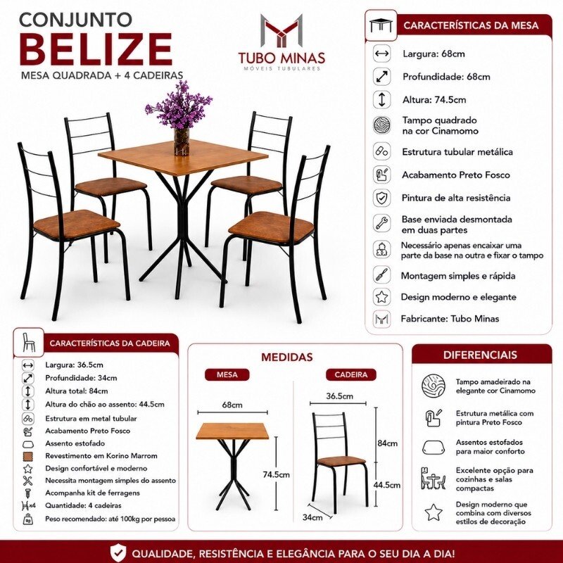 Conjunto Mesa Belize Quadrada 68x68 Naturale Base Órion Preto Fosco + 4 Cadeiras Belize Korino Marrom - Tubo Minas - Imagem 8