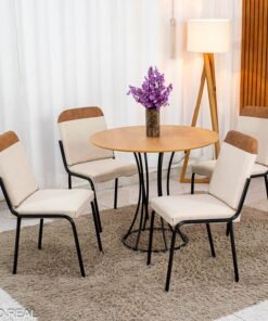 Conjunto Mesa Malta Redonda 90x90 Cinamomo Base Ônix Preto Fosco + 4 Cadeiras Malta Bege - Tubo Minas