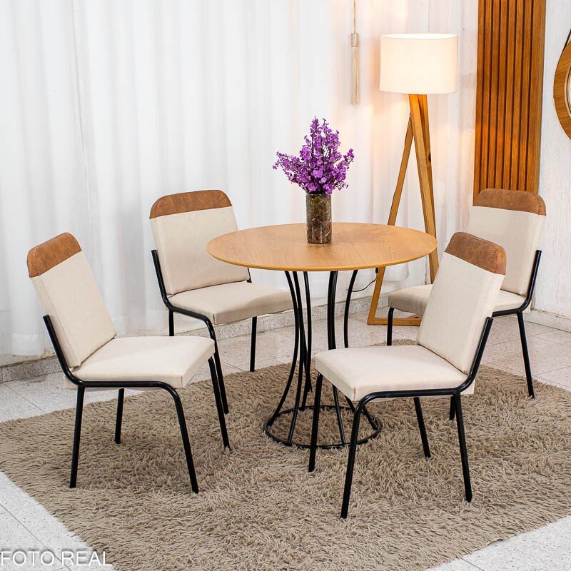 Conjunto Mesa Malta Redonda 90x90 Cinamomo Base Ônix Preto Fosco + 4 Cadeiras Malta Bege - Tubo Minas