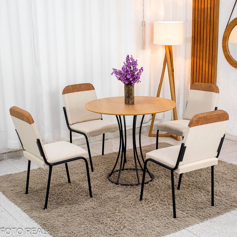 Conjunto Mesa Malta Redonda 90x90 Cinamomo Base Ônix Preto Fosco + 4 Cadeiras Malta Bege - Tubo Minas - Imagem 3