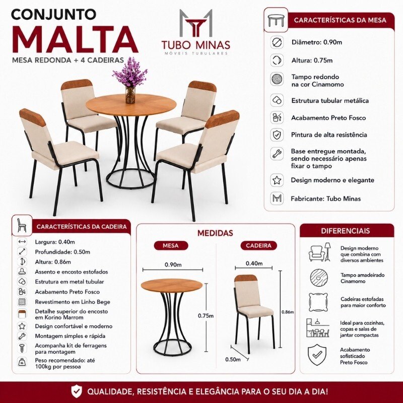 Conjunto Mesa Malta Redonda 90x90 Cinamomo Base Ônix Preto Fosco + 4 Cadeiras Malta Bege - Tubo Minas - Imagem 8