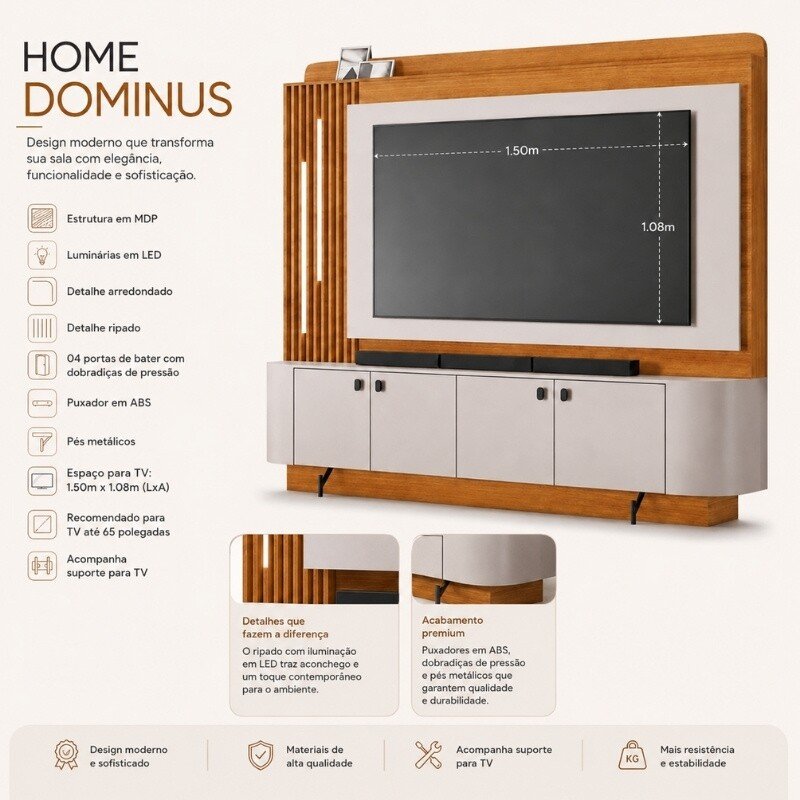 Home Dominus Candian 1.82m Cinamomo/Off White C/Detalhe Ripado e LED para TV até 65''- JCM - Imagem 8