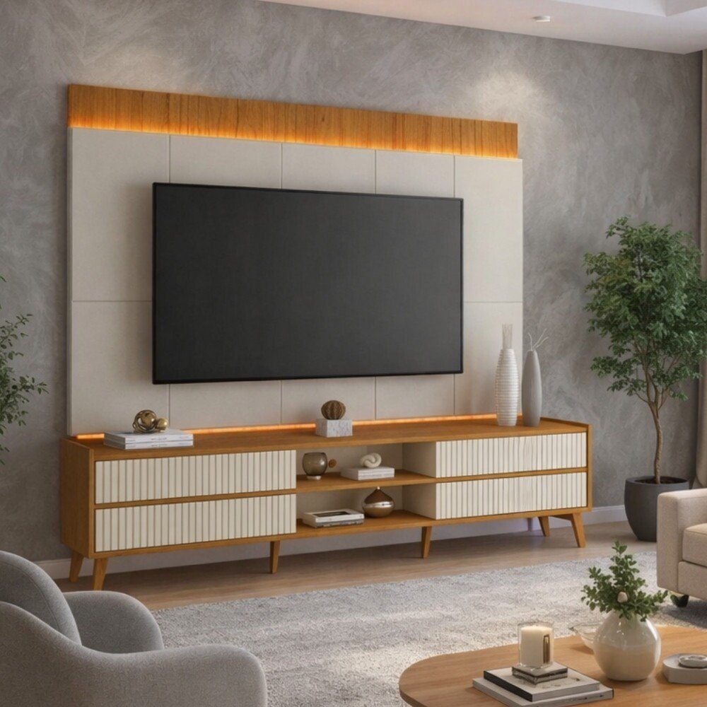 Rack Magnífico 212 Larg. 2.18m + Painel Magnífico 220 Nature/Off C/LED e Detalhe Ripado para TV até 85" - Gelius - Imagem 6