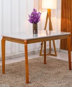 Mesa de Jantar Alegra Tampo Vidro Off 120×80 Madeira Maciça - JCM