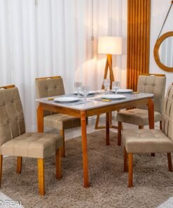 Mesa de Jantar Alegra Tampo Vidro Off 120×80 Madeira Maciça - JCM + 4 Cad. Londres Veludo Avelã Madeira Minas Plac - Entregue Montada