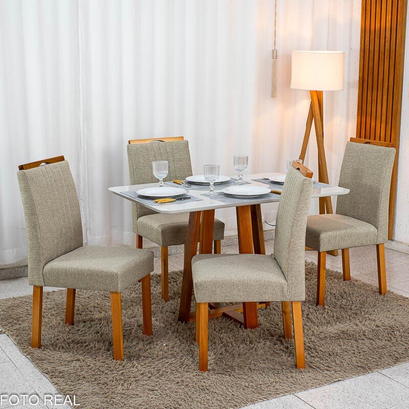 Mesa de Jantar Bali 120×80 Vidro Off/Base Madeira + 4 Cad. Atlanta Linho Bege Cru Madeira Minas Plac - Entregue Montada