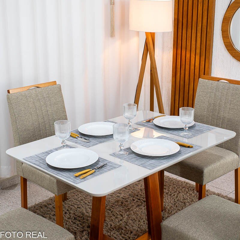 Mesa de Jantar Bali 120×80 Vidro Off/Base Madeira + 4 Cad. Atlanta Linho Bege Cru Madeira Minas Plac - Entregue Montada - Imagem 2