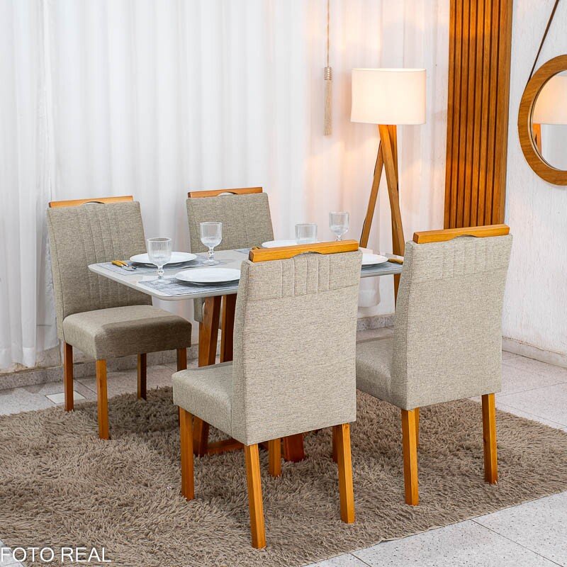 Mesa de Jantar Bali 120×80 Vidro Off/Base Madeira + 4 Cad. Atlanta Linho Bege Cru Madeira Minas Plac - Entregue Montada - Imagem 3