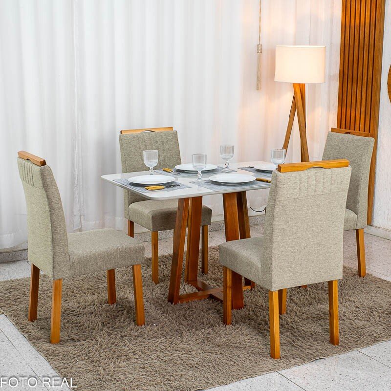 Mesa de Jantar Bali 120×80 Vidro Off/Base Madeira + 4 Cad. Atlanta Linho Bege Cru Madeira Minas Plac - Entregue Montada - Imagem 4