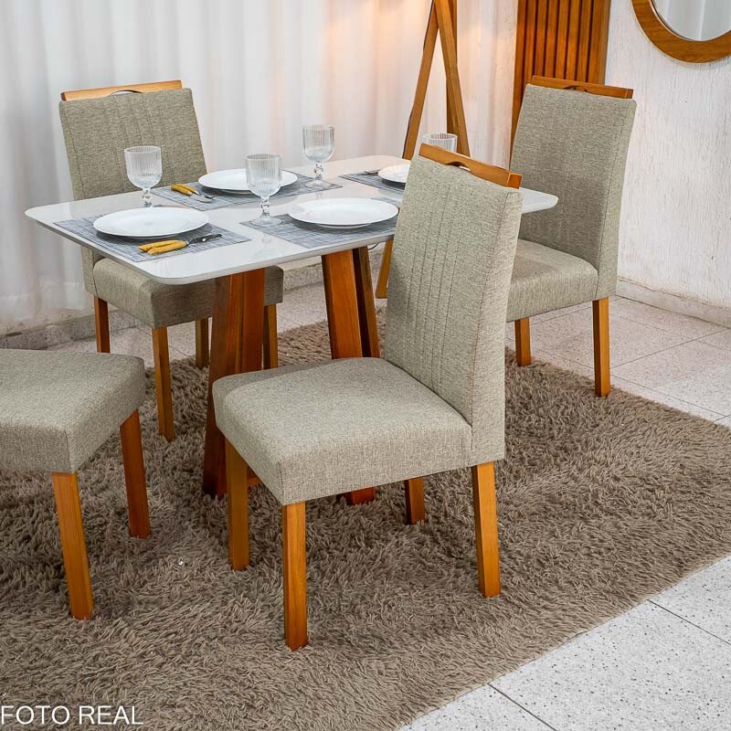 Mesa de Jantar Bali 120×80 Vidro Off/Base Madeira + 4 Cad. Atlanta Linho Bege Cru Madeira Minas Plac - Entregue Montada - Imagem 5