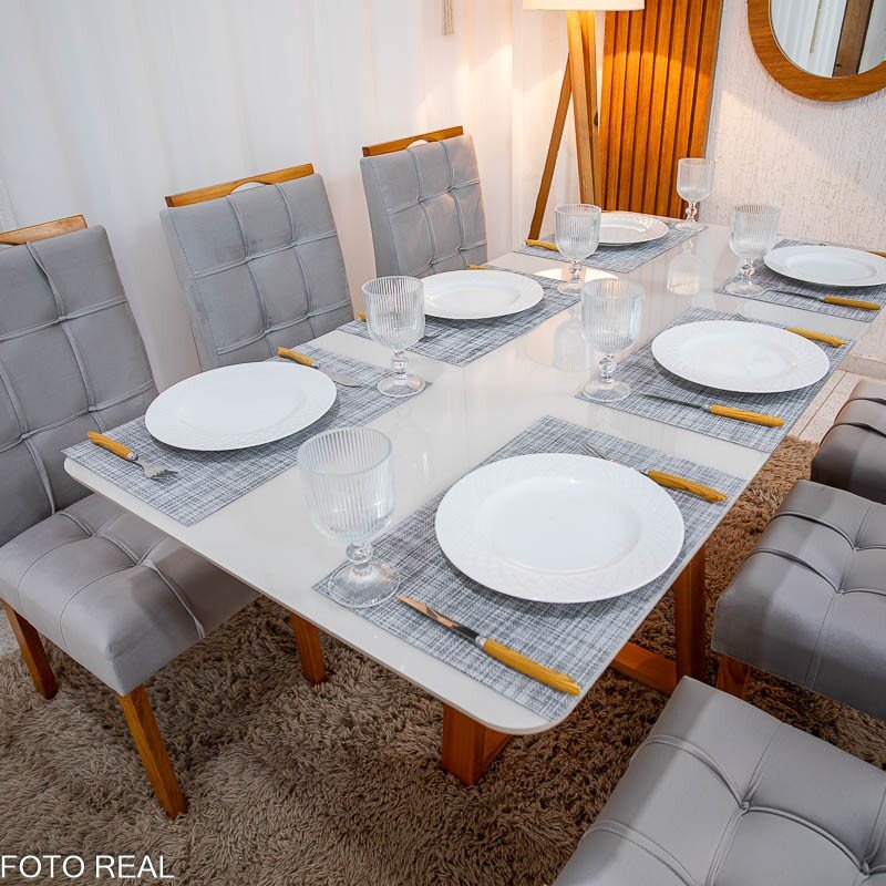 Mesa de Jantar Bali 160×80 Vidro Off/Base Madeira + 6 Cad. Londres Veludo Prata Madeira Minas Plac - Entregue Montada - Imagem 2