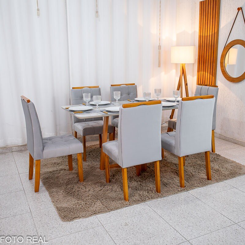 Mesa de Jantar Bali 160×80 Vidro Off/Base Madeira + 6 Cad. Londres Veludo Prata Madeira Minas Plac - Entregue Montada - Imagem 3