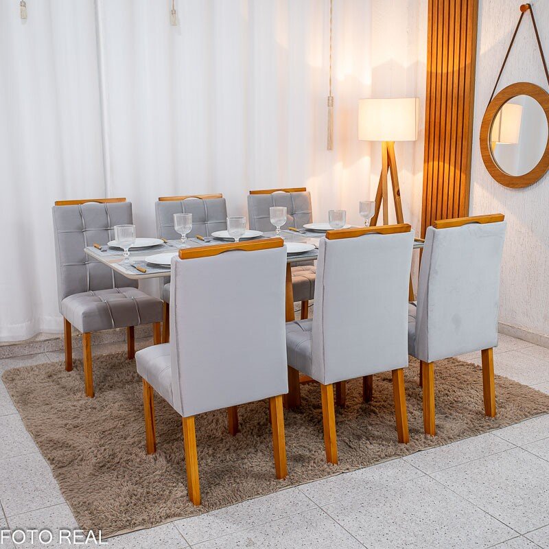 Mesa de Jantar Bali 160×80 Vidro Off/Base Madeira + 6 Cad. Londres Veludo Prata Madeira Minas Plac - Entregue Montada - Imagem 4