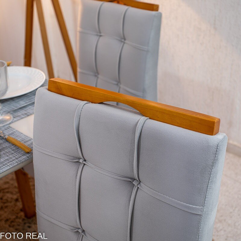 Mesa de Jantar Bali 160×80 Vidro Off/Base Madeira + 6 Cad. Londres Veludo Prata Madeira Minas Plac - Entregue Montada - Imagem 7
