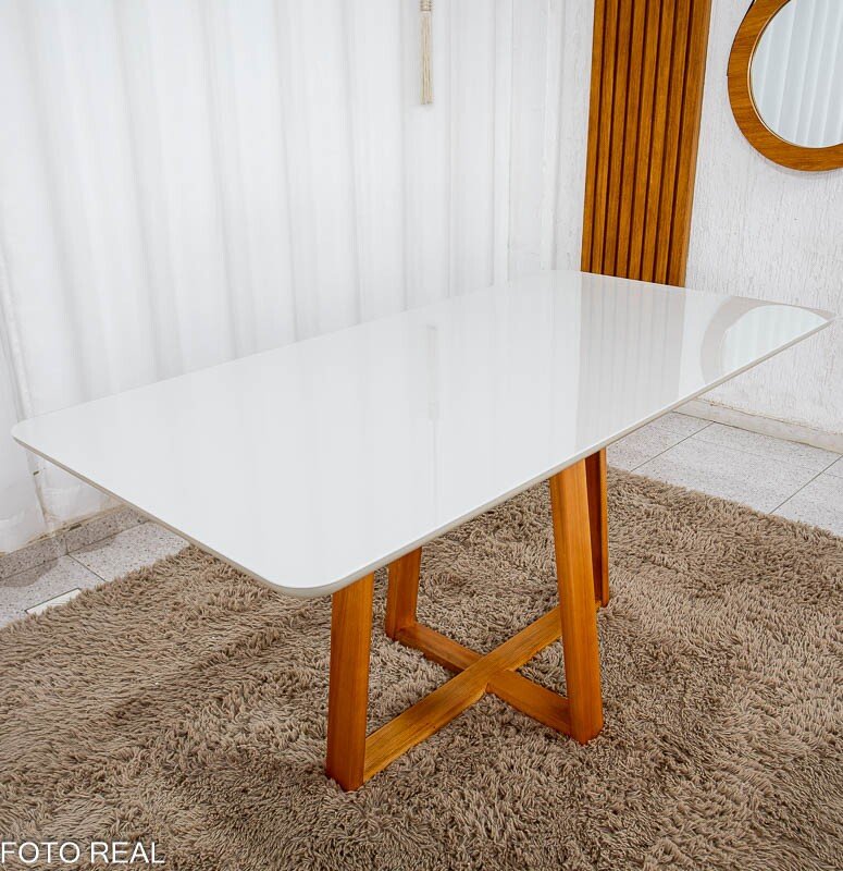 Mesa de Jantar Bali 160×80 Vidro Off/Base Madeira + 6 Cad. Londres Veludo Prata Madeira Minas Plac - Entregue Montada - Imagem 9