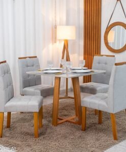 Mesa de Jantar Bali 90×90 Vidro Off/Base Madeira + 4 Cad. Londres Linho Prata Madeira Minas Plac - Entregue Montada