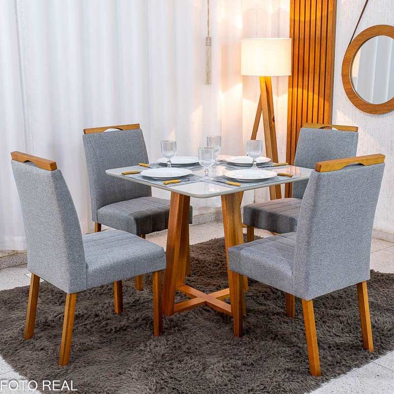 Mesa de Jantar Bali 90×90 Vidro Off/Base Madeira Minas Plac + 4 Cad. Isabela Linho Cinza 05 Madeira KM Decor - Entregue Montada - Imagem 3