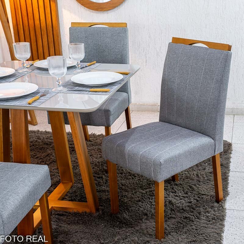 Mesa de Jantar Bali 90×90 Vidro Off/Base Madeira Minas Plac + 4 Cad. Isabela Linho Cinza 05 Madeira KM Decor - Entregue Montada - Imagem 4