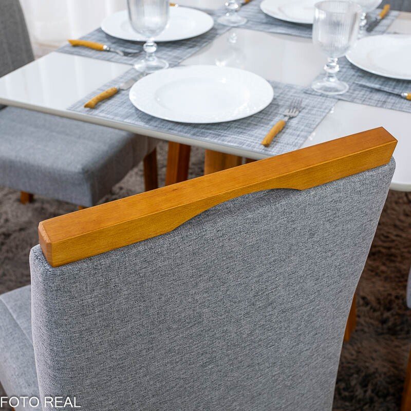 Mesa de Jantar Bali 90×90 Vidro Off/Base Madeira Minas Plac + 4 Cad. Isabela Linho Cinza 05 Madeira KM Decor - Entregue Montada - Imagem 6