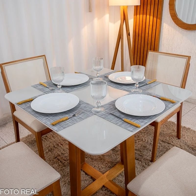 Mesa de Jantar Bali 90x90 Vidro Off/Base Madeira Minas Plac + 4 Cad. Dubai Linho Bege 629 Madeira Maciça - Art Assento - Imagem 2