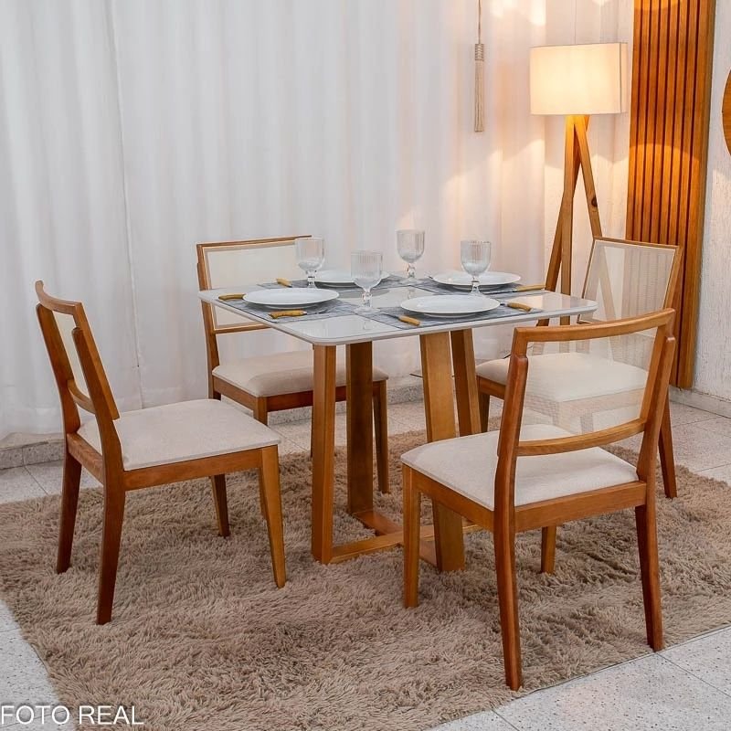 Mesa de Jantar Bali 90x90 Vidro Off/Base Madeira Minas Plac + 4 Cad. Dubai Linho Bege 629 Madeira Maciça - Art Assento - Imagem 3