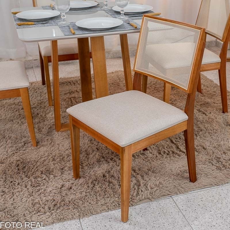 Mesa de Jantar Bali 90x90 Vidro Off/Base Madeira Minas Plac + 4 Cad. Dubai Linho Bege 629 Madeira Maciça - Art Assento - Imagem 4
