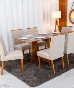 Mesa de Jantar Dubai Tampo Londres Cinamomo 160x80 Cel Móveis + 6 Cad. Isabela Linho Bege 01 Madeira KM Decor - Entregue Montada