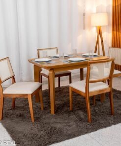 Mesa de Jantar Londrina 120x80 Cinamomo Rufato + 4 Cad. Dubai Linho Bege Madeira - Art Assento