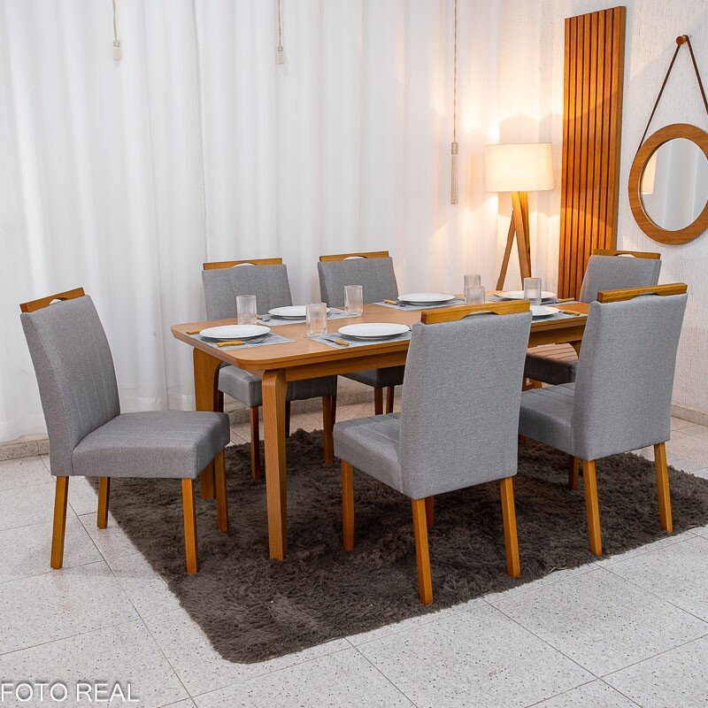 Mesa de Jantar Londrina 180x90 Cinamomo Rufato + 6 Cad. Isabela Linho Cinza 05 Madeira - KM Decor