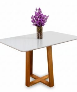 Mesa de Jantar Pedro 120x80 Vidro Off/Base Madeira Art Assento - Entregue Montada