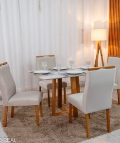 Mesa de Jantar Pedro 120x80 Vidro Off/Base Madeira + 4 Cad. Lisboa Veludo Bege 512 Madeira Art Assento - Entregue Montada
