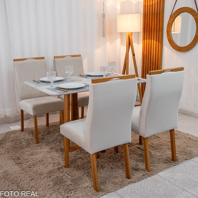 Mesa de Jantar Pedro 120x80 Vidro Off/Base Madeira + 4 Cad. Lisboa Veludo Bege 512 Madeira Art Assento - Entregue Montada - Imagem 3