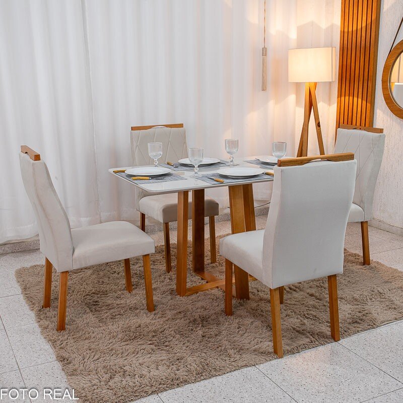 Mesa de Jantar Pedro 120x80 Vidro Off/Base Madeira + 4 Cad. Lisboa Veludo Bege 512 Madeira Art Assento - Entregue Montada - Imagem 4