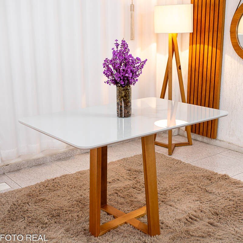 Mesa de Jantar Pedro 120x80 Vidro Off/Base Madeira + 4 Cad. Lisboa Veludo Bege 512 Madeira Art Assento - Entregue Montada - Imagem 8