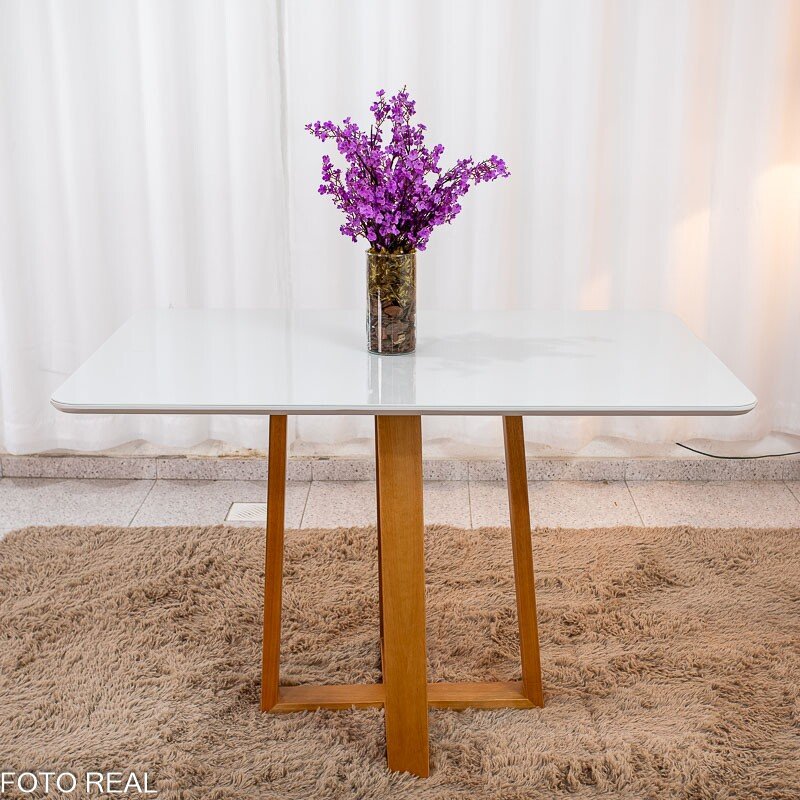 Mesa de Jantar Pedro 120x80 Vidro Off/Base Madeira + 4 Cad. Lisboa Veludo Bege 512 Madeira Art Assento - Entregue Montada - Imagem 9