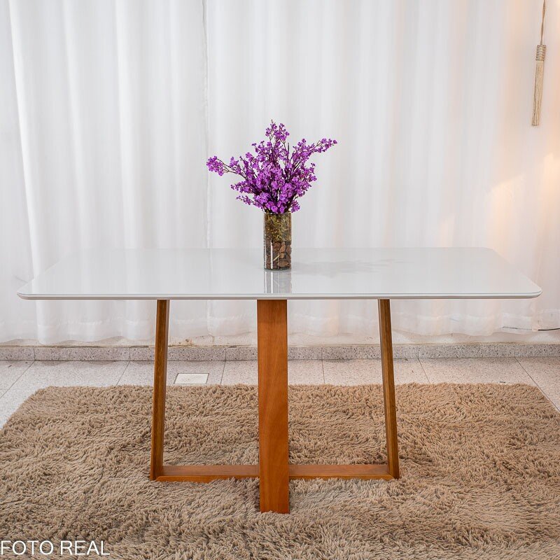Mesa de Jantar Pedro 160×80 Vidro Off/Base Madeira + 6 Cad. Lisboa Veludo Prata 514 Madeira Art Assento - Entregue Montada - Imagem 6