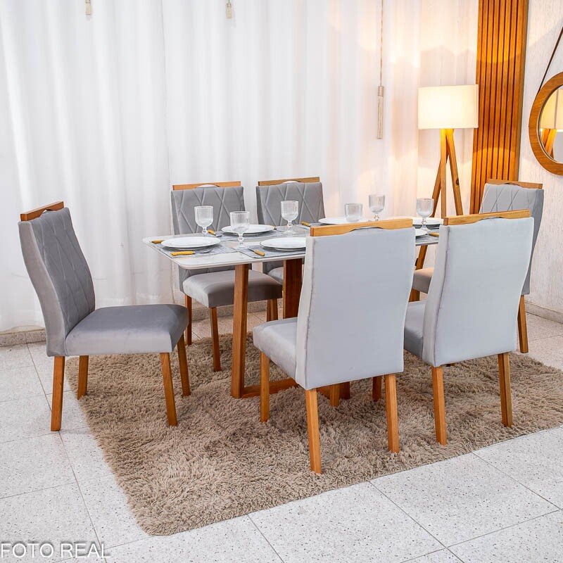Mesa de Jantar Pedro 160×80 Vidro Off/Base Madeira + 6 Cad. Lisboa Veludo Prata 514 Madeira Art Assento - Entregue Montada - Imagem 2