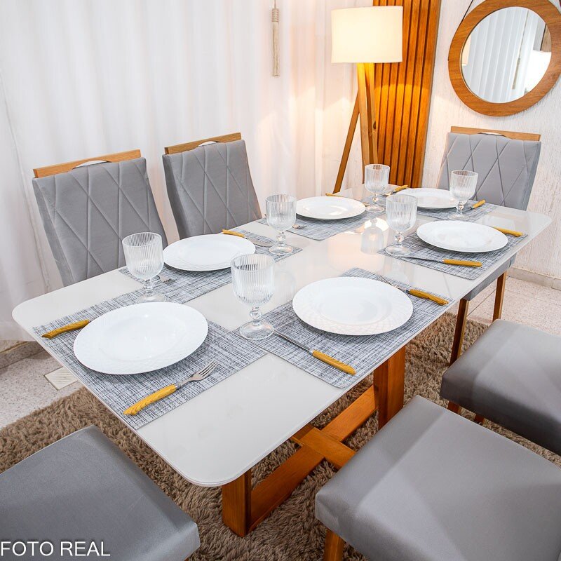 Mesa de Jantar Pedro 160×80 Vidro Off/Base Madeira + 6 Cad. Lisboa Veludo Prata 514 Madeira Art Assento - Entregue Montada - Imagem 3