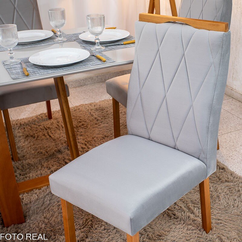 Mesa de Jantar Pedro 160×80 Vidro Off/Base Madeira + 6 Cad. Lisboa Veludo Prata 514 Madeira Art Assento - Entregue Montada - Imagem 4