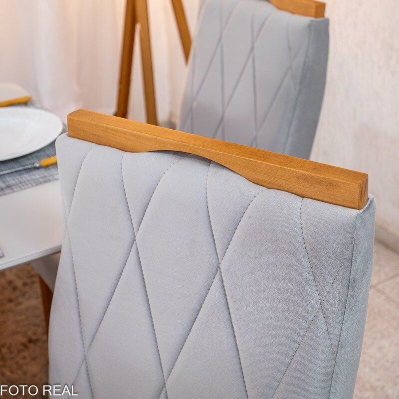 Mesa de Jantar Pedro 160×80 Vidro Off/Base Madeira + 6 Cad. Lisboa Veludo Prata 514 Madeira Art Assento - Entregue Montada - Imagem 5