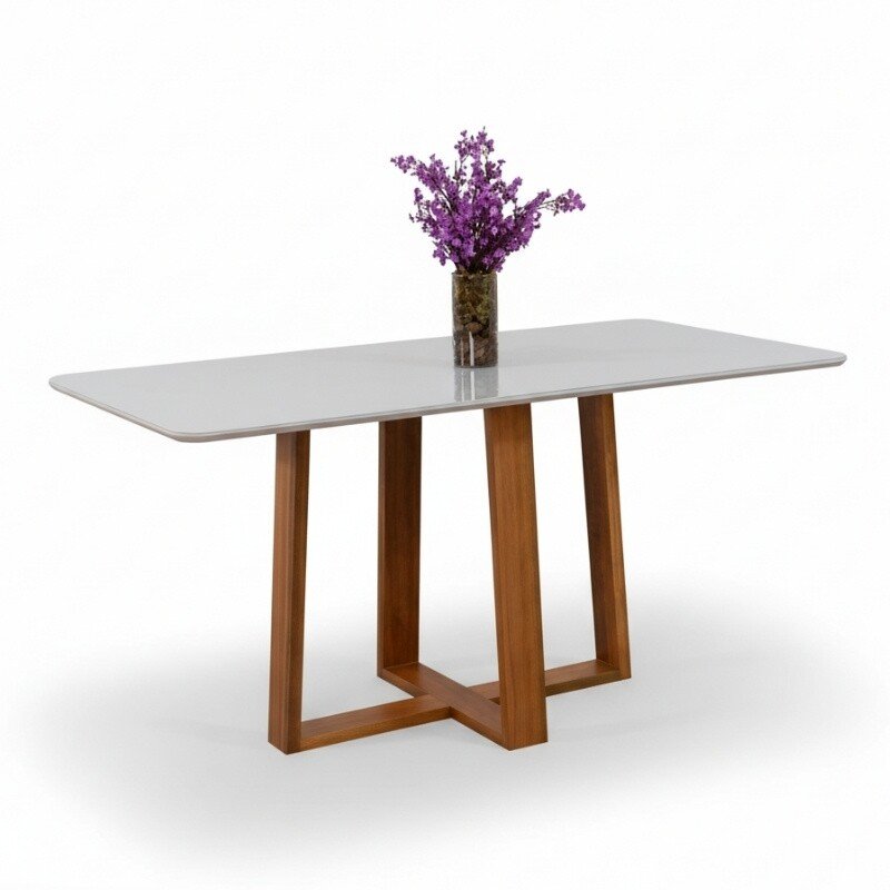 Mesa de Jantar Pedro 160×80 Vidro Off/Base Madeira + 6 Cad. Lisboa Veludo Prata 514 Madeira Art Assento - Entregue Montada - Imagem 7